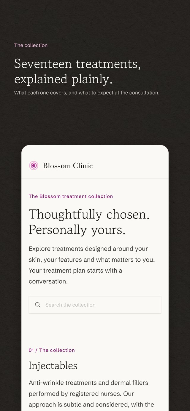 Blossom Clinic app: seventeen treatments, explained plainly